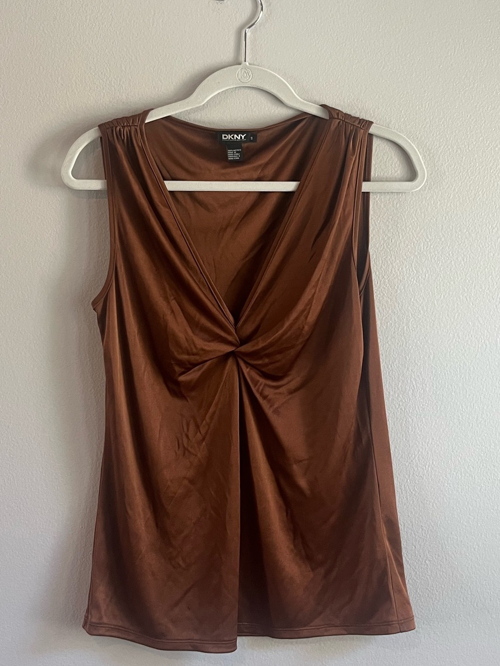 DKNY Donna Karan Brown Satin Twist Front Sleeveless Top Size S